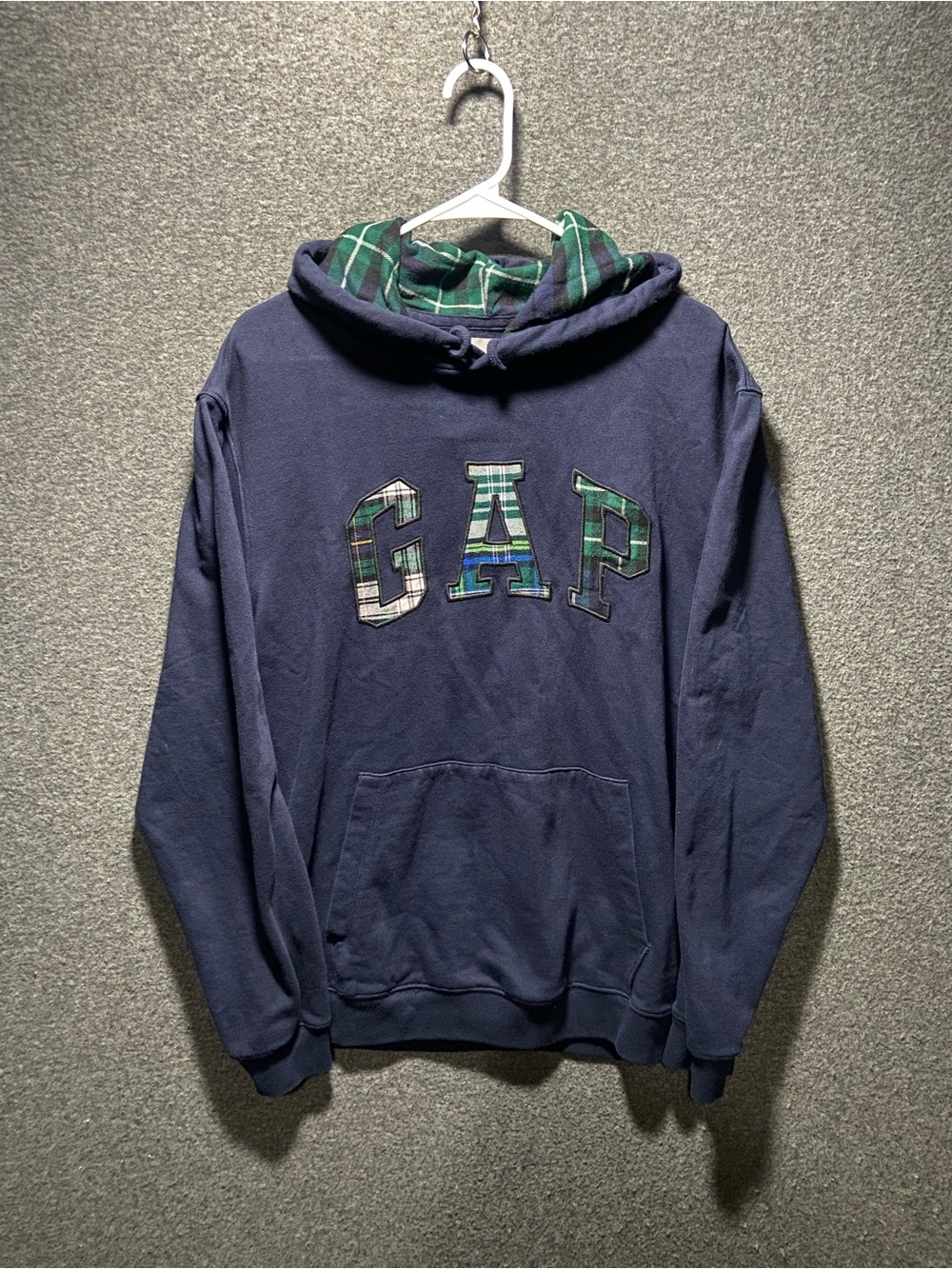 Gap Mens Large Navy Blue Cocktail Plaid Arch Logo Hoodie Pullover Sweatshirt L⁠